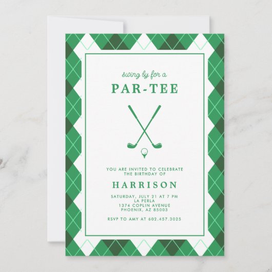 Golf Themed Birthday Party Modern Preppy Green Kaart (Voorkant)