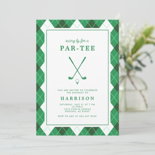 Golf Themed Birthday Party Modern Preppy Green Kaart (Staand voorkant)