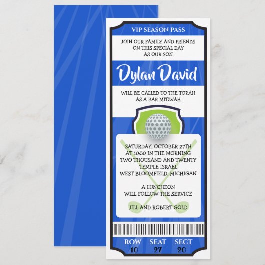 GOLF TICKET Bar/Bat Mitzwa uitnodiging (Voorkant / Achterkant)