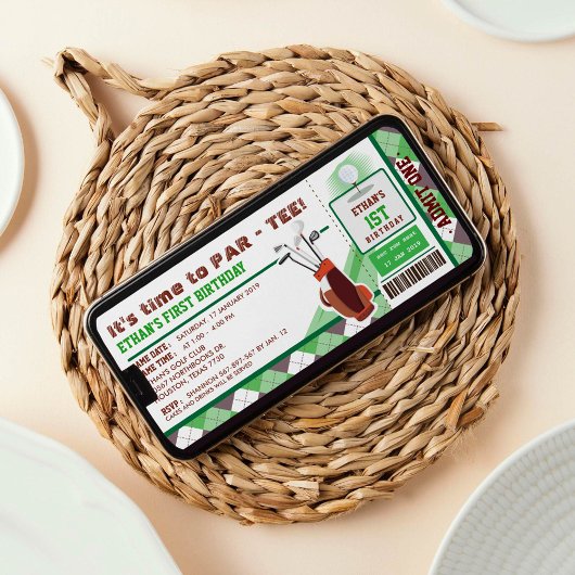 Golf Ticket Pass First Birthday Party Kaart
