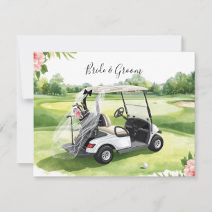 Golf trouw golfkar op groen gras notitiekaartje