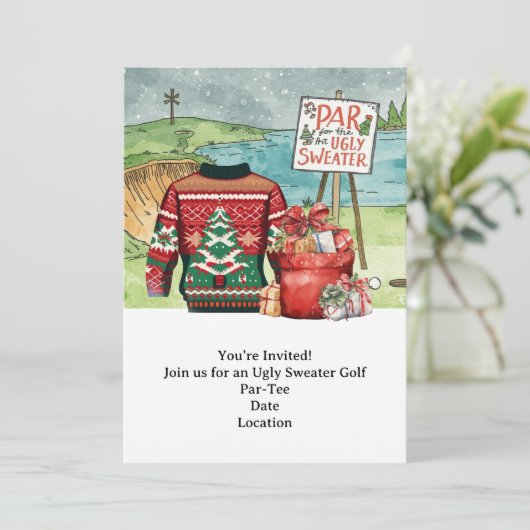 Golf Ugly Sweater Christmas Party Invitation Kaart (Staand voorkant)