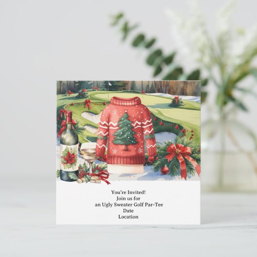 Golf Ugly Sweater Christmas Party Invitation Kaart (Staand voorkant)
