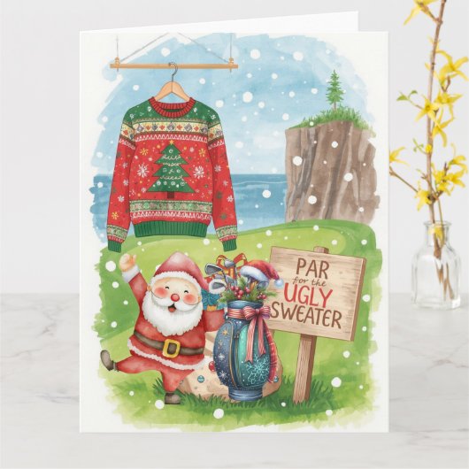 Golf Ugly Sweater Christmas Party  Kaart (Gele Bloem)