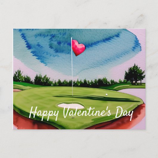 Golf Valentijnsdag op golfbaan aquarel Hol Feestdagenkaart (Voorkant)
