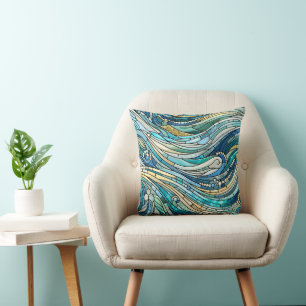 Golf van golven Turquoise Mozaïek Kunst Kussen