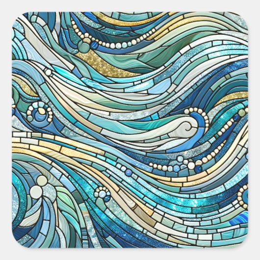 Golf van golven turquoise mozaïek-kunst vierkante sticker (Voorkant)