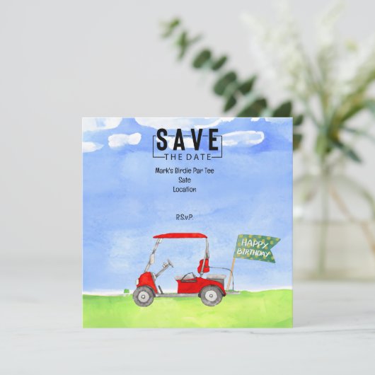 Golf Verjaardag Bewaar de datum met golfkar Kaart (Staand voorkant)