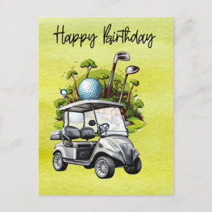 Golf verjaardag met golfkar  aquarel briefkaart