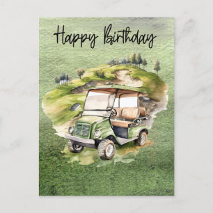 Golf verjaardag met golfkar  aquarel briefkaart