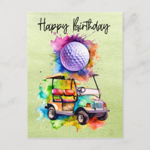 Golf verjaardag met golfkar  aquarel briefkaart