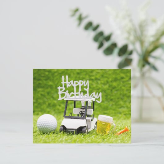 Golf Verjaardag met golfkar en bier voor golfer Briefkaart (Staand voorkant)