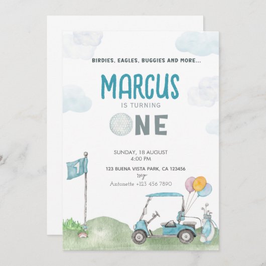 Golf Verjaardag Uitnodiging Jongen Sjabloon Golfba (Voorkant / Achterkant)