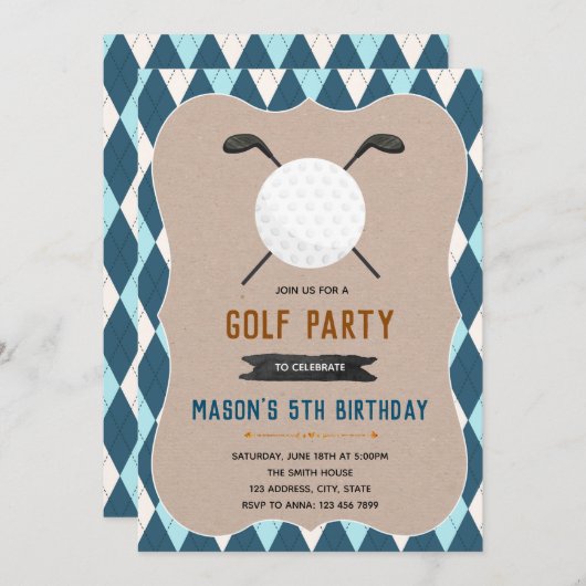 Golf verjaardagsfeestje uitnodiging (Voorkant / Achterkant)