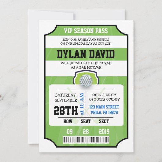 GOLF VIP TICKET Bar Mitswa uitnodiging (Voorkant)