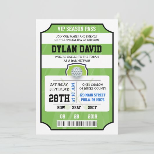 GOLF VIP TICKET Bar Mitswa uitnodiging (Staand voorkant)