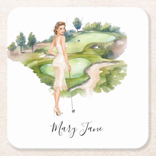 Golf Vrouw golfer op golfbaan Bruids- Kartonnen Onderzetters (Voorkant)