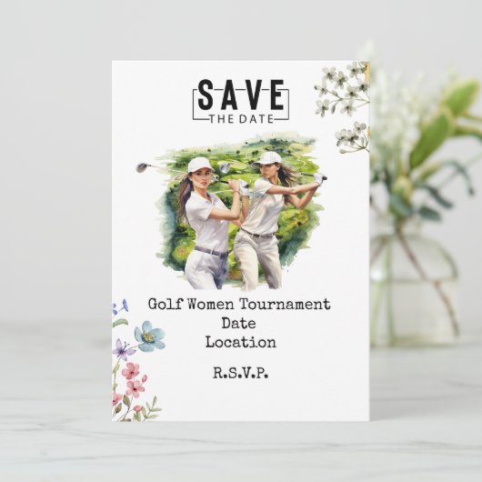 Golf Vrouw Party Save the Date Kaart (Staand voorkant)