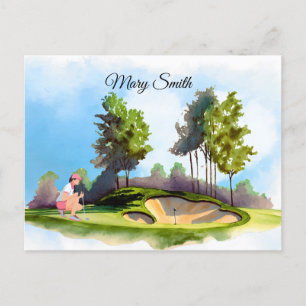 Golf vrouw speelt golf briefkaart