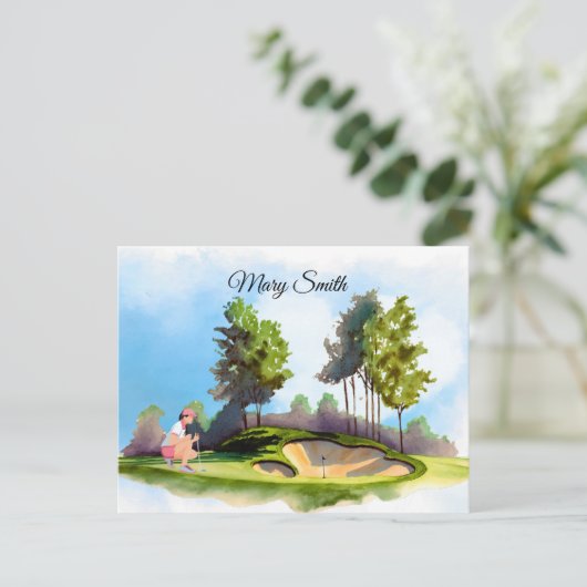 Golf vrouw speelt golf briefkaart (Staand voorkant)