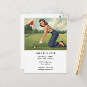 Golf  vrouwelijke golfer is aan het golfen op de g briefkaart