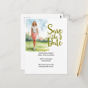 Golf  vrouwelijke golfer is aan het golfen op de g briefkaart