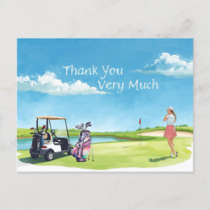 Golf vrouwelijke golfer met tas en golfkar briefkaart