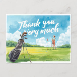 Golf vrouwelijke golfer met tas op green briefkaart