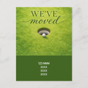 Golf we zijn verhuisd naar een nieuw huis met golf briefkaart