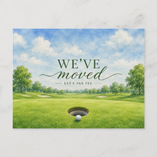 Golf we zijn verhuisd naar een nieuw huis met golf briefkaart