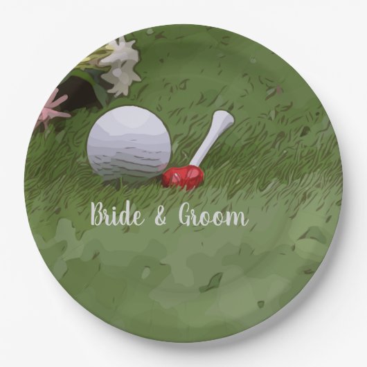 Golf Wedding golf bal en bloem met liefde Papieren Bordje (Voorkant)