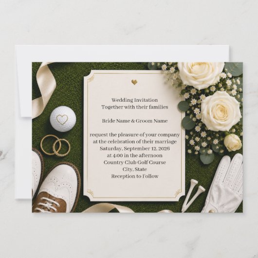 Golf Wedding Invitation with White Roses Kaart (Voorkant)