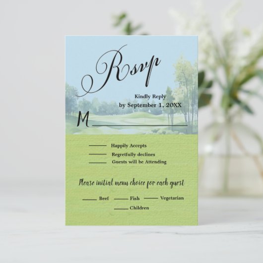 Golf Wedding RSVP Card QR Code Optional  (Staand voorkant)