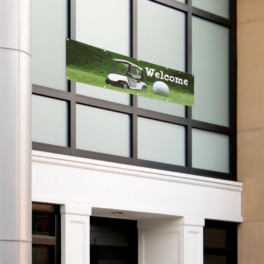 Golf Welcome Banner met golfkar op groen gras (Buitenkant Gebouw)
