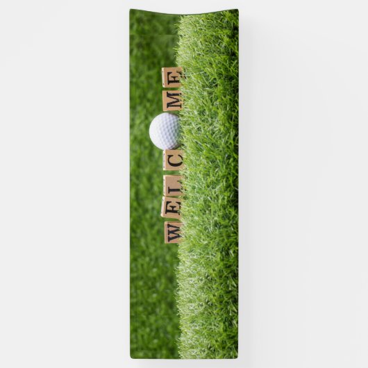Golf WELCOME met golfbal en woord op groen Spandoek (Verticaal)
