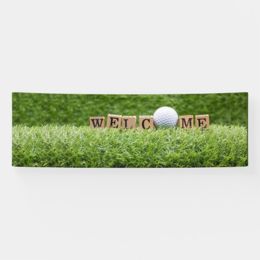 Golf WELCOME met golfbal en woord op groen Spandoek (Horizontaal)