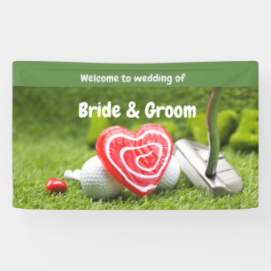 Golf welkom bij bruiloft met golfbal en liefde spandoek