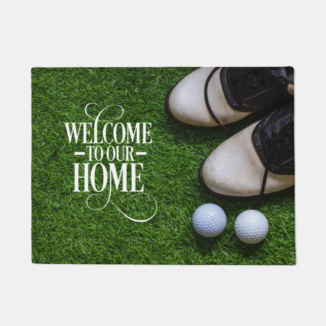 Golf Welkom bij golfer home met bal op groen Deurmat (Voorkant)