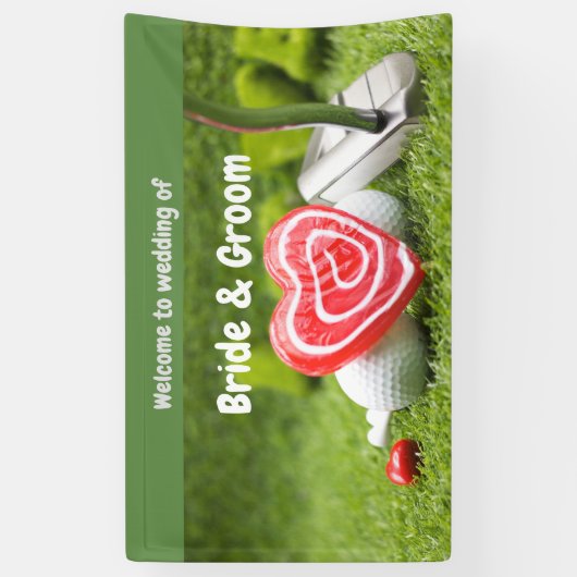Golf welkom op bruiloft met golfbal en liefde spandoek (Verticaal)
