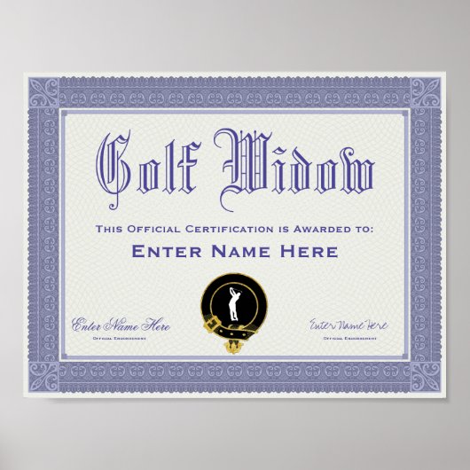 Golf Widow Certification Funny Poster (Voorkant)