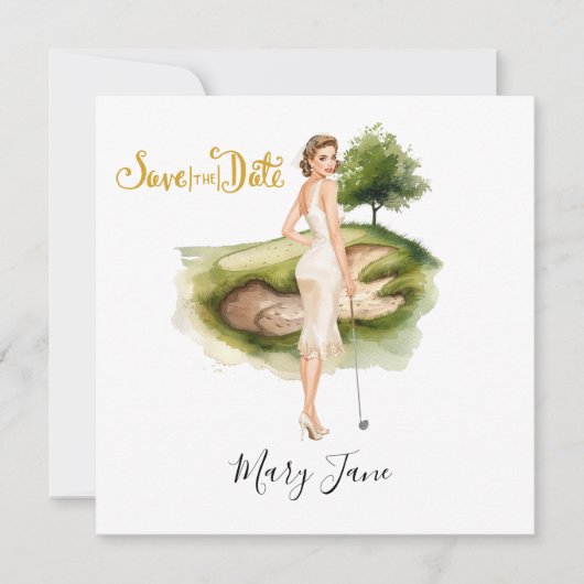 Golf Woman golfer on golf course Bridal  Save The Date (Voorkant)