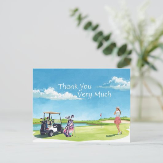 Golf  woman golfer with bag and golf cart  briefkaart (Staand voorkant)