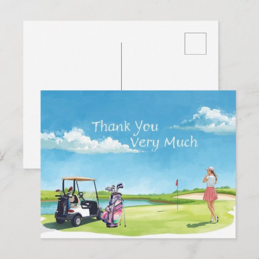 Golf  woman golfer with bag and golf cart  briefkaart (Voorkant / Achterkant)