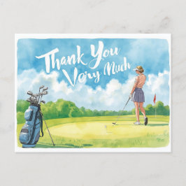 Golf  woman golfer with bag on green  briefkaart