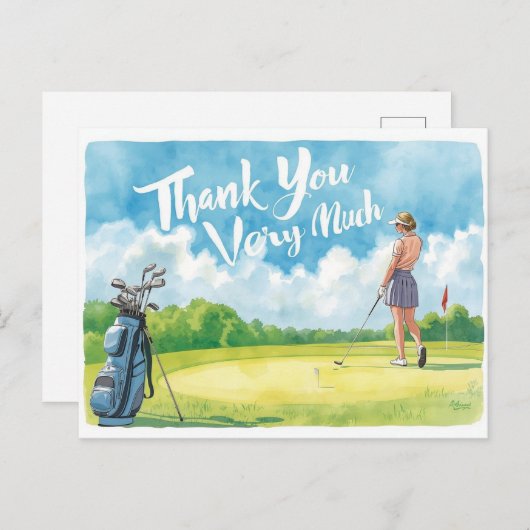 Golf  woman golfer with bag on green  briefkaart (Voorkant / Achterkant)