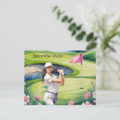 Golf Women's Golf Day Vrouwelijk met roze bloem Uitnodiging Briefkaart (Staand voorkant)