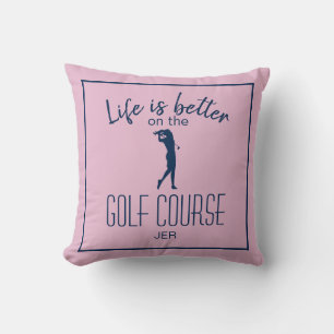 Golfbaan Golfer Citaat Geborduurd Roze Blauw Kussen