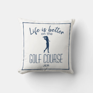 Golfbaan Golfer Citaat Geborduurd Wit Blauw Kussen