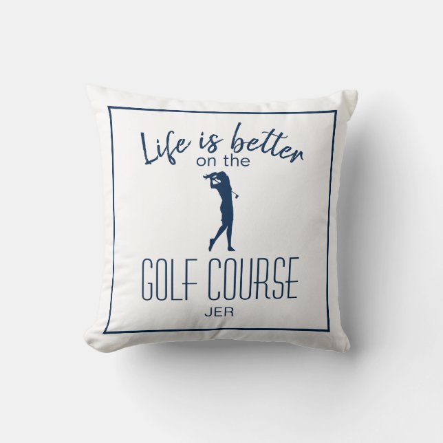 Golfbaan Golfer Citaat Geborduurd Wit Blauw Kussen (Voorkant)