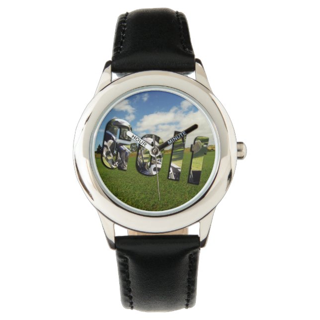 Golfbaan Logo, Kinder zwart lederen horloge (Voorkant)